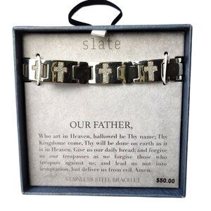Slate Stainless Steel Bracelet With Cross Design and Lords Prayer Gift Box Inclu